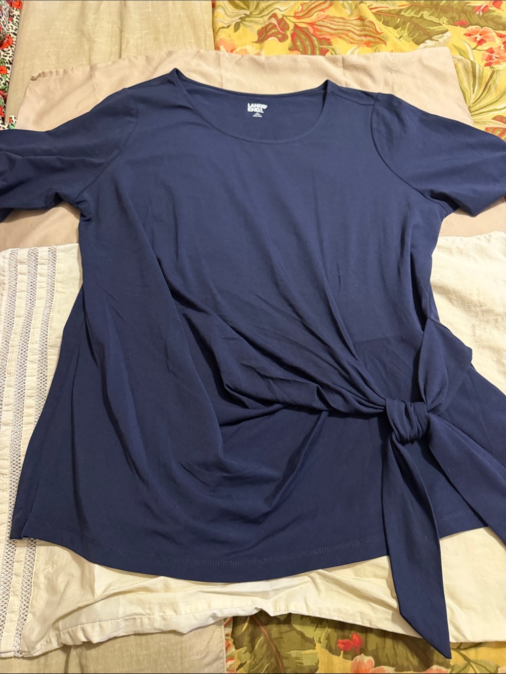 Lands' End Navy Short-Sleeve Top with Side Tie